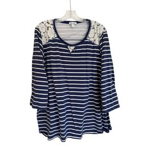 Denim & Co Navy White Striped Lace Shoulder 3/4 Sleeve Top Plus 3X